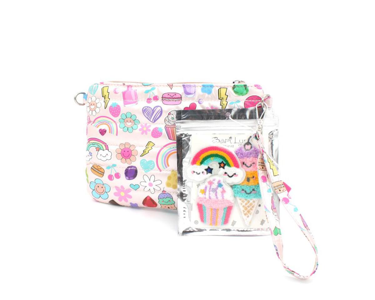 Fun Print Crossbody Bag with Patches in Silver