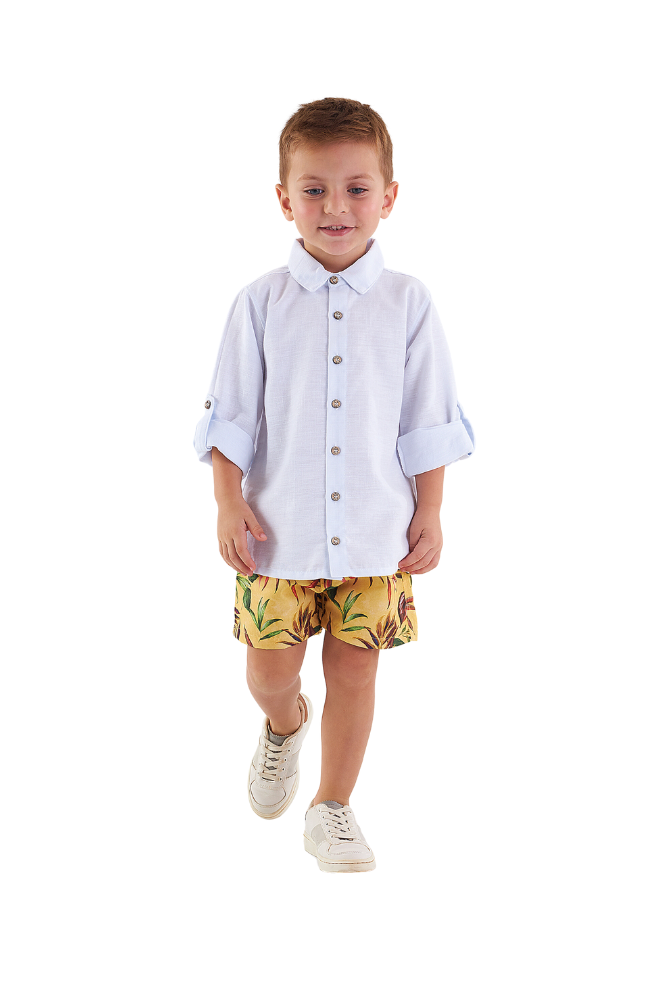 White Linen Shirt & Yellow Swim Shorts