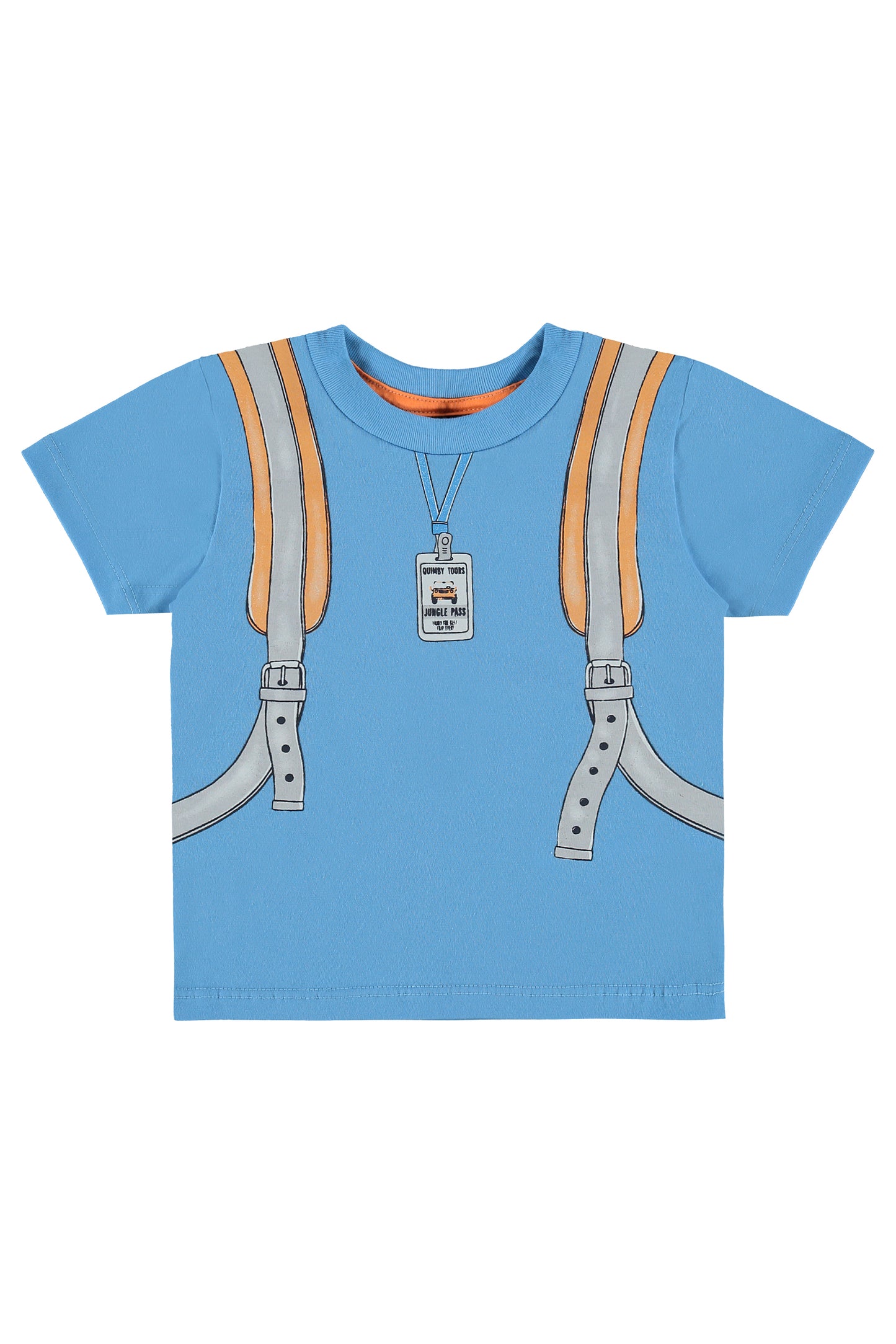 Blue Backpack Tee & Grey Shorts