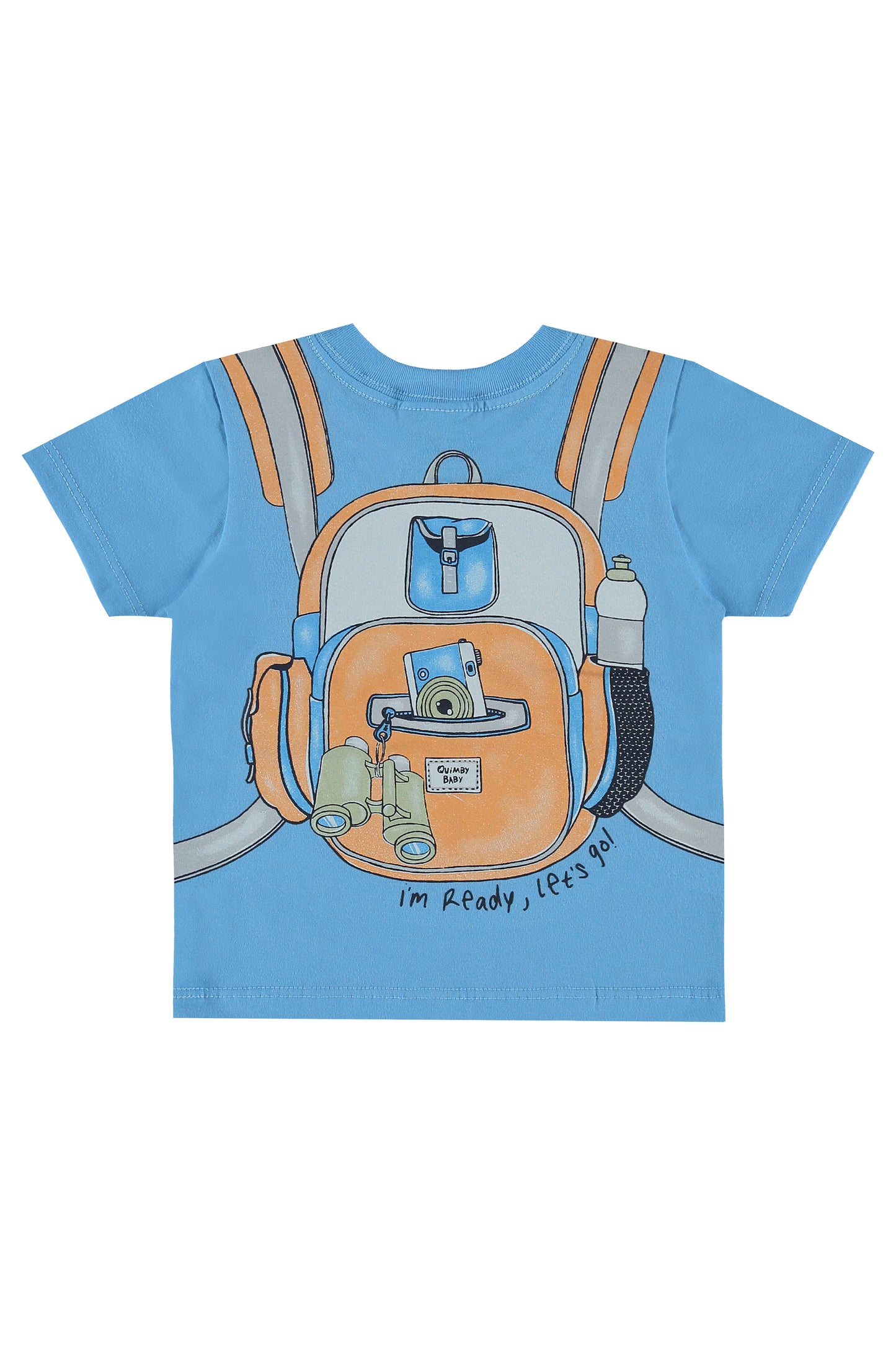 Blue Backpack Tee & Grey Shorts