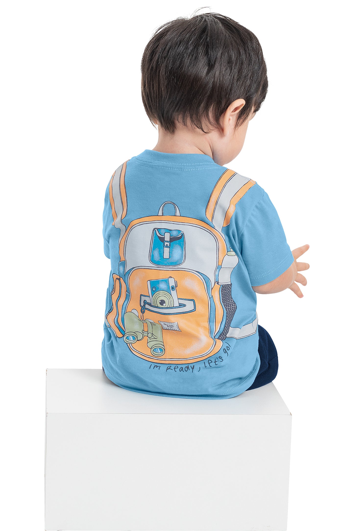 Blue Backpack Tee & Grey Shorts