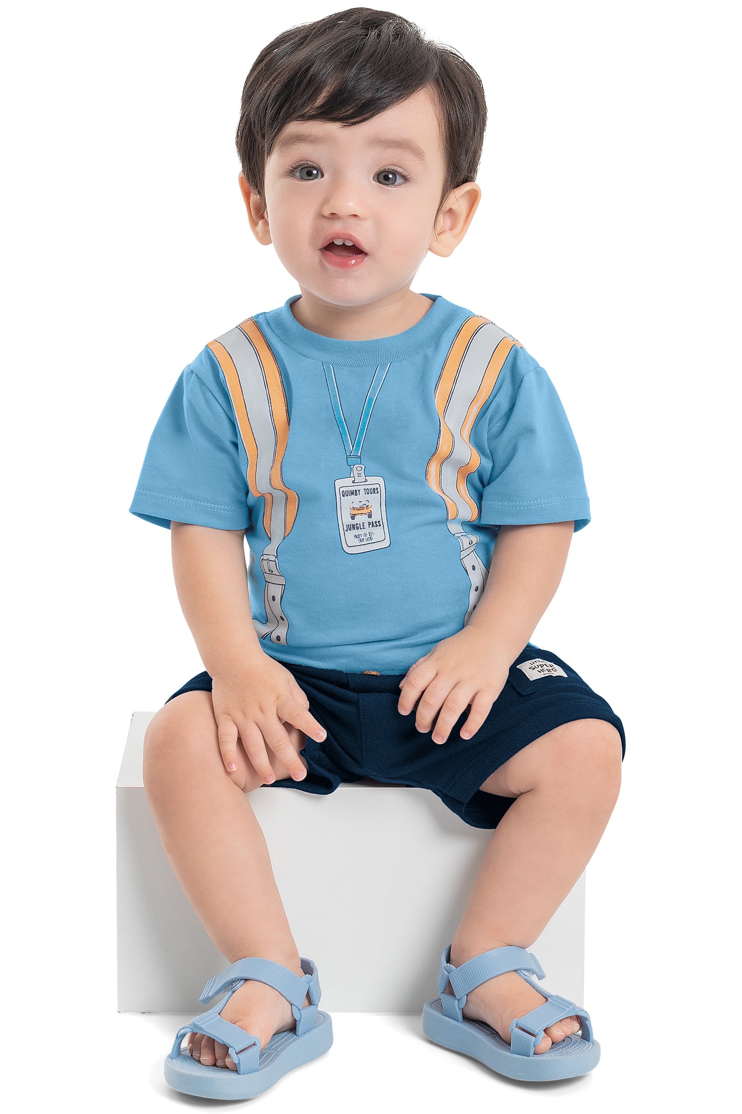 Blue Backpack Tee & Grey Shorts