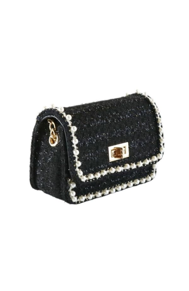 Pearl Trim Tweed Purse in Black