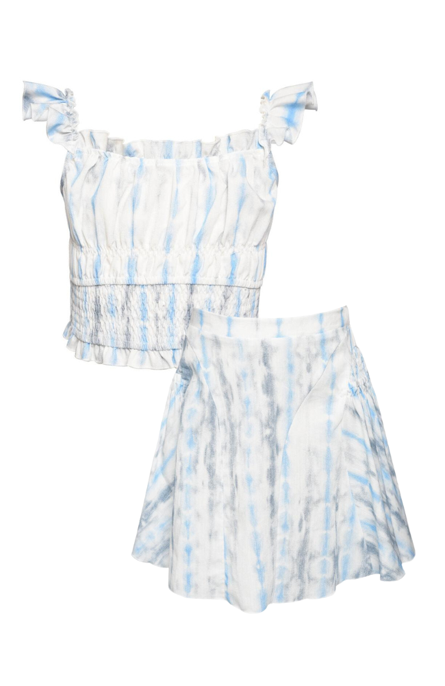 Tie Dye Crop Top with Shoulder Ruffles & Tie Dye Skater Skirt