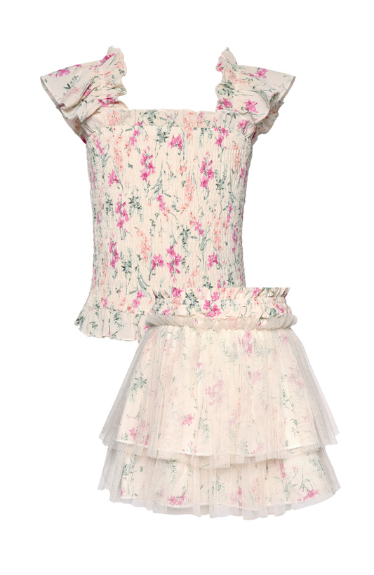 Ruffle Smocked Floral Top & 2 Tier Skirt