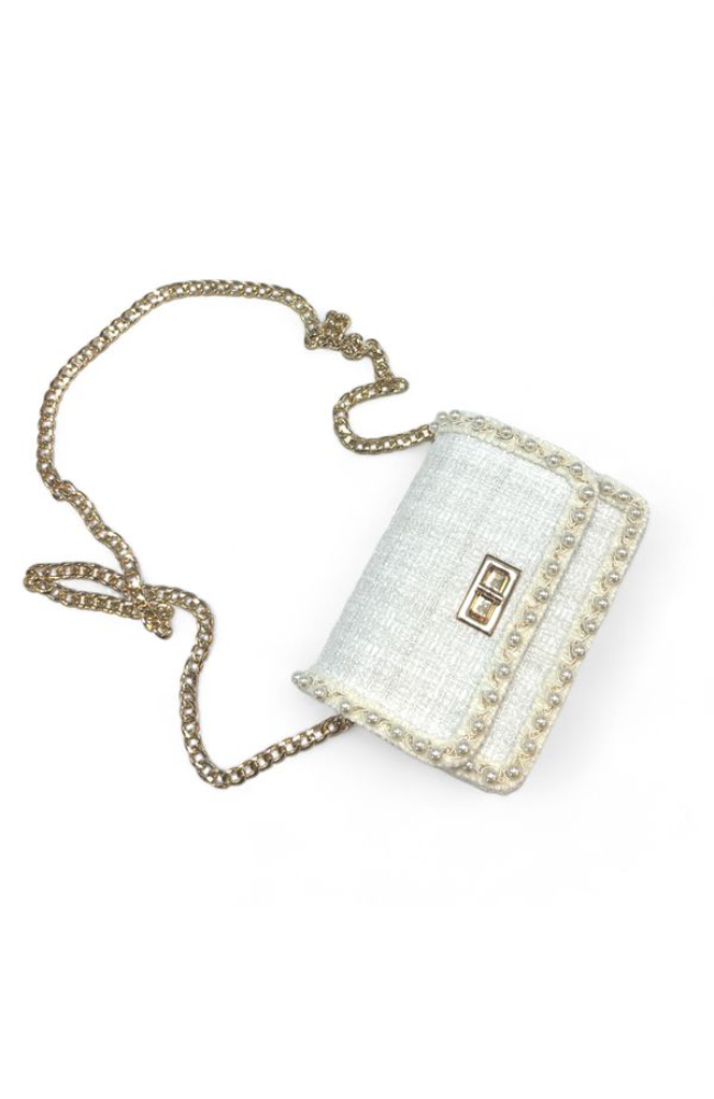 Pearl Trim Tweed Purse in White