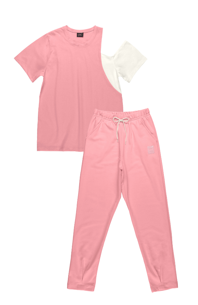 Neon Pink Single Off-Shoulder Tee & Sweatpants