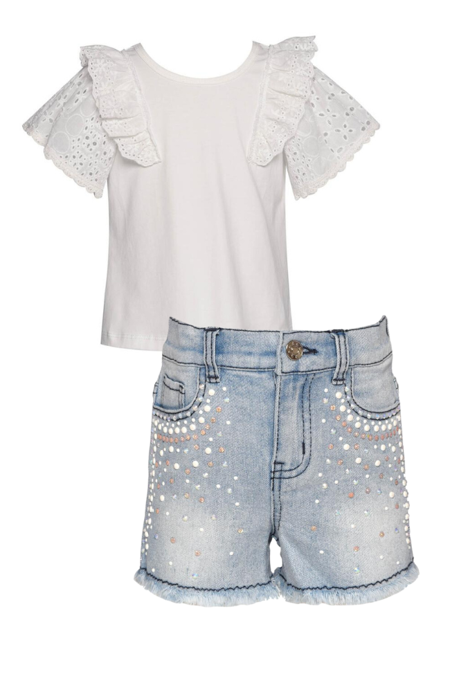 Ruffle Eyelet Sleeve Top & Denim Shorts with Rhinestones