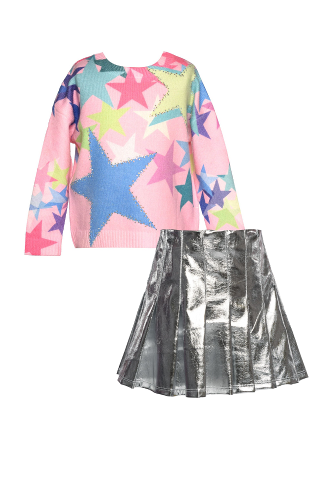 Star Sweater & Metallic Pleated Skirt