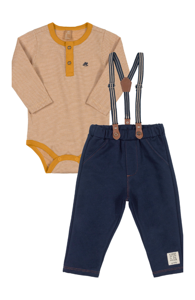Piquet Bodysuit & Denim Pants in Mustard