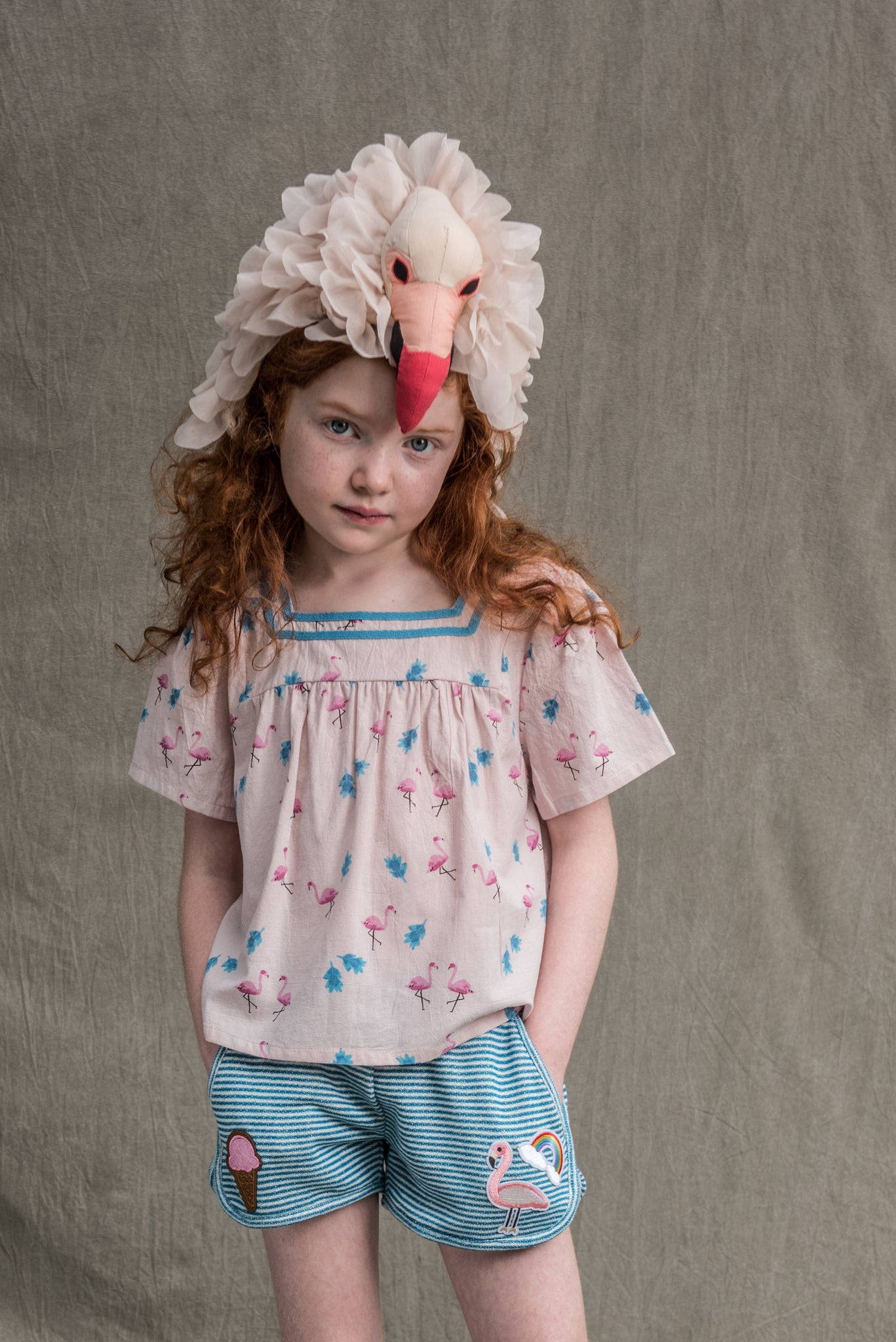 Pink Flamingo Sailor Top & Aqua Stripe Gym Short