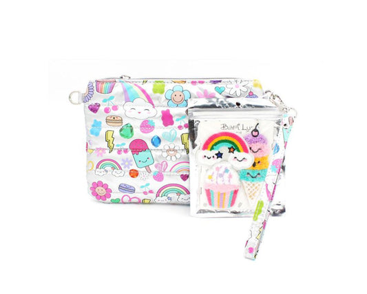 Fun Print Crossbody Bag with Patches in Silver