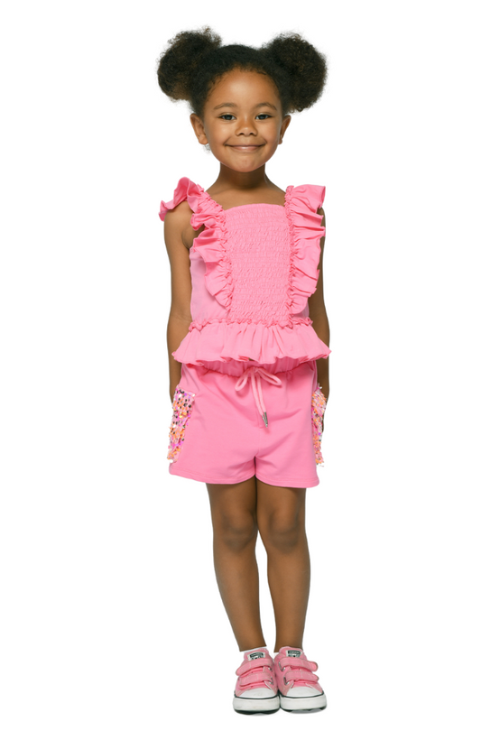 Ruffled Smocked Top & Sequin Pocket Shorts