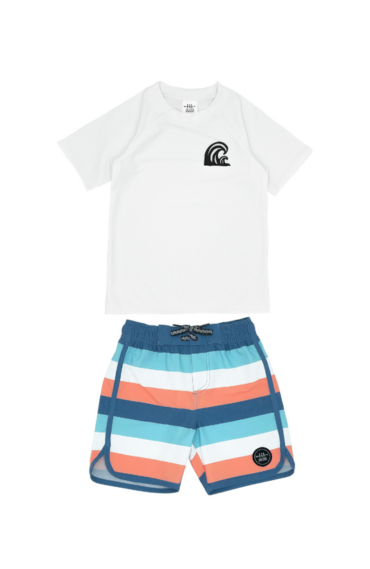 Coastal Stripe Swim Shorts & Rashguard in White