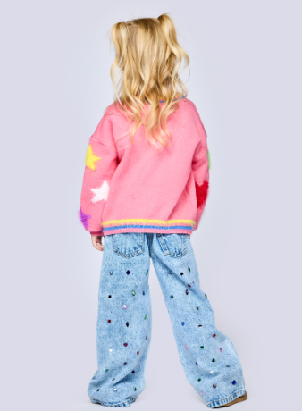 Smile Fuzzy Sweater & Denim pants w/ rhinestone
