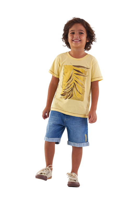 Yellow Leafy Tee & Denim Shorts