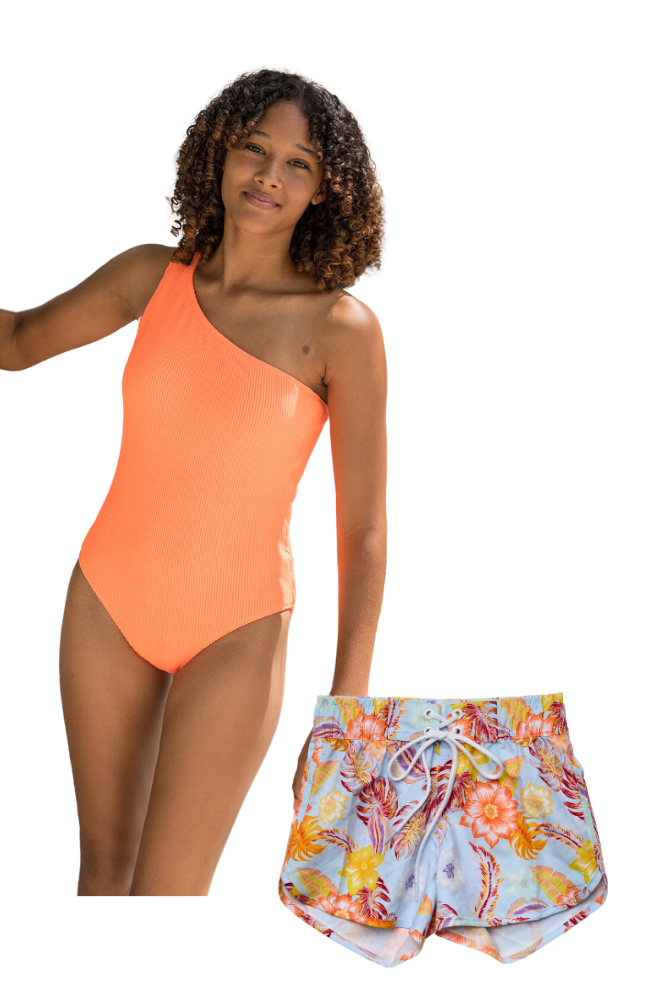Boho Tropical One Shoulder Swimsuit & Shorts