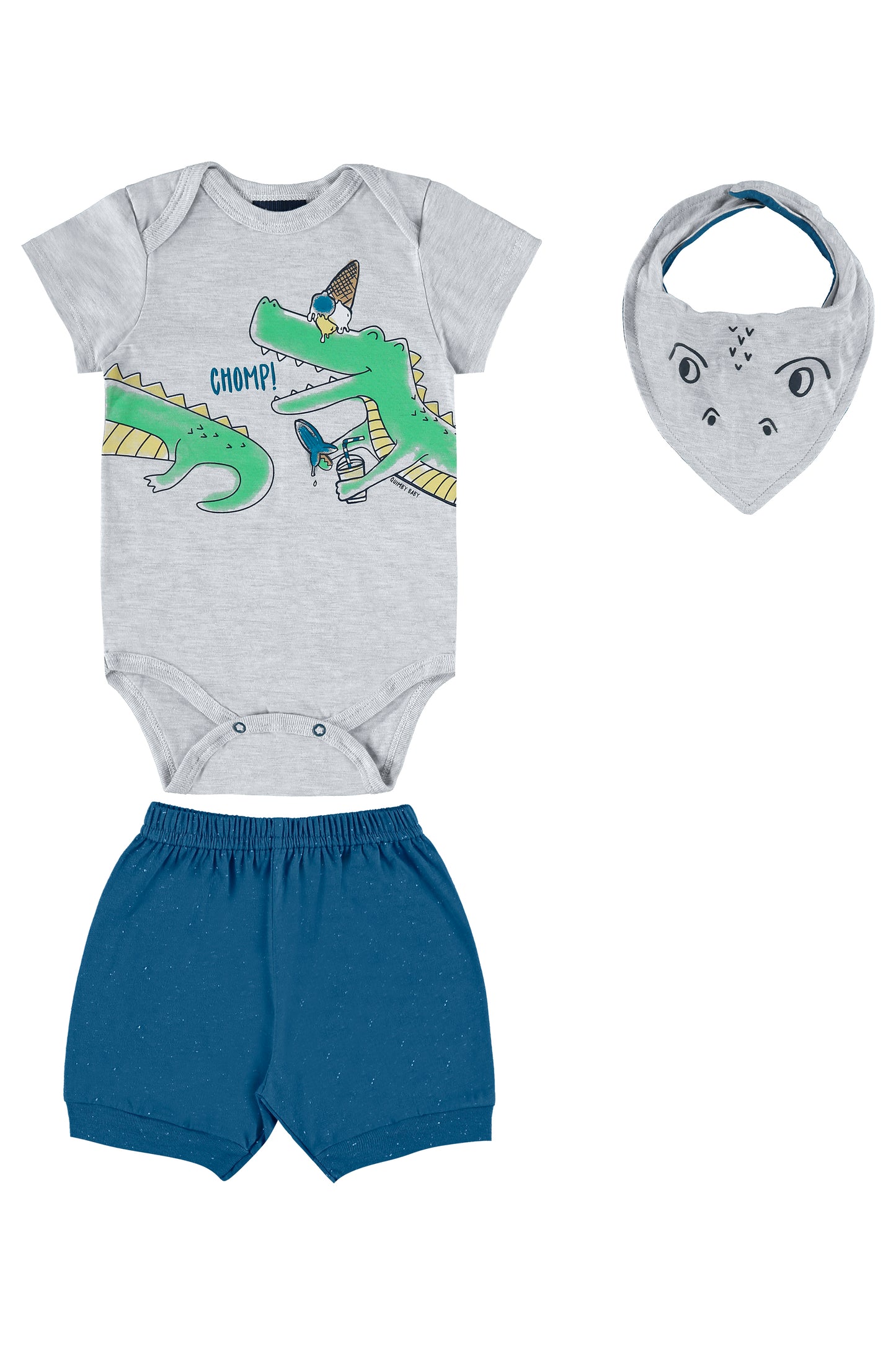 Chomp! Blue Print Bodysuit with Shorts & Bib