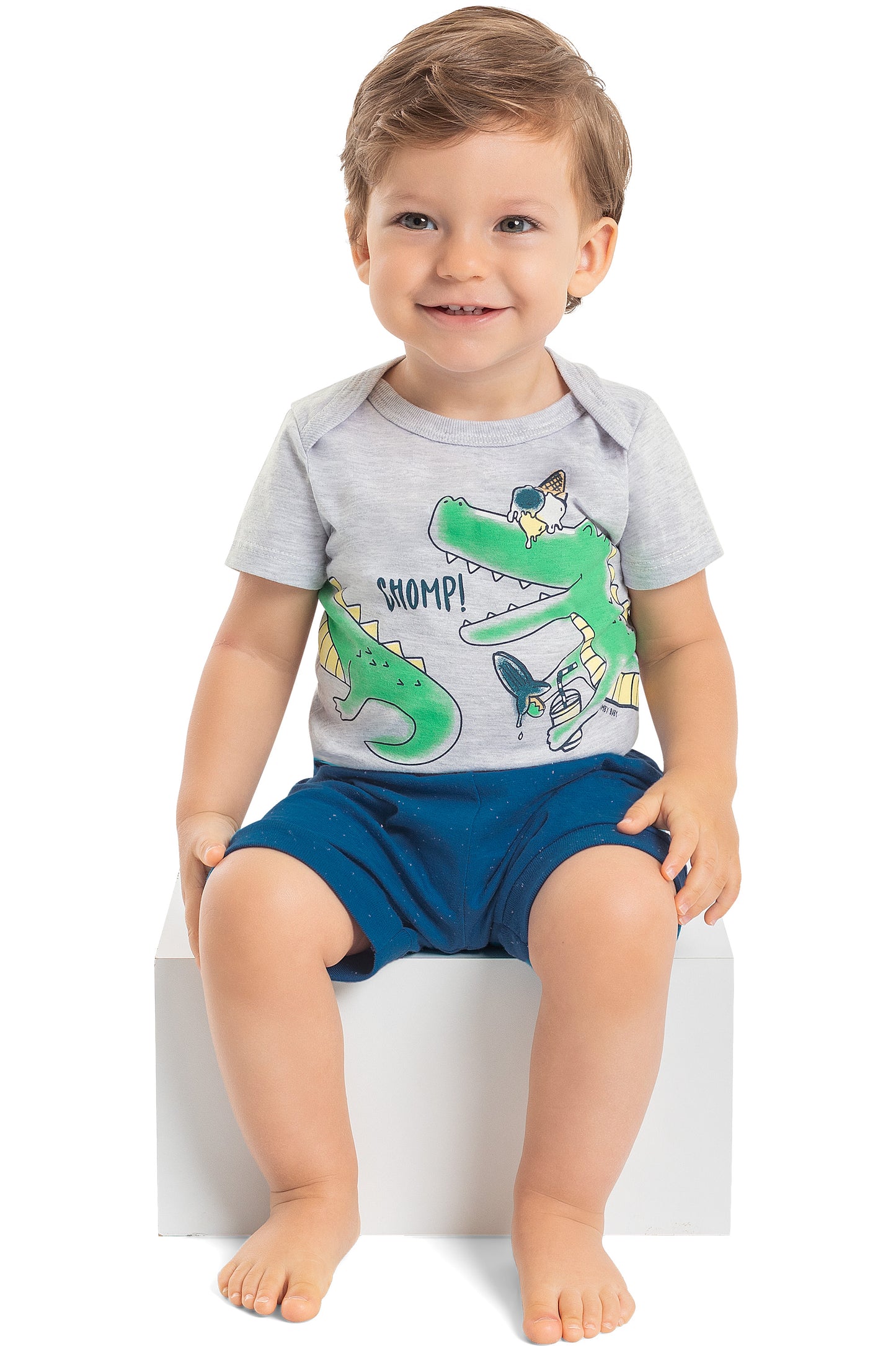 Chomp! Blue Print Bodysuit with Shorts & Bib