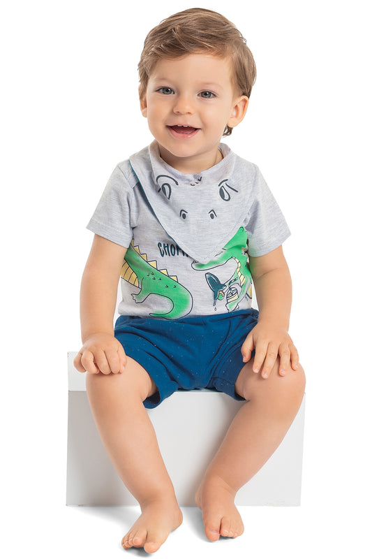 Chomp! Blue Print Bodysuit with Shorts & Bib