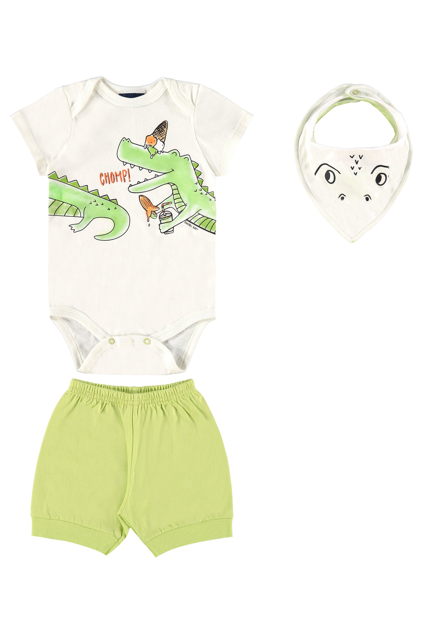 Chomp! Green Print Bodysuit with Shorts & Bib