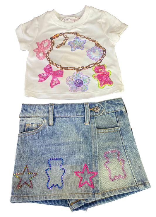 Top w/Bracelet print & Denim Wrap Skort