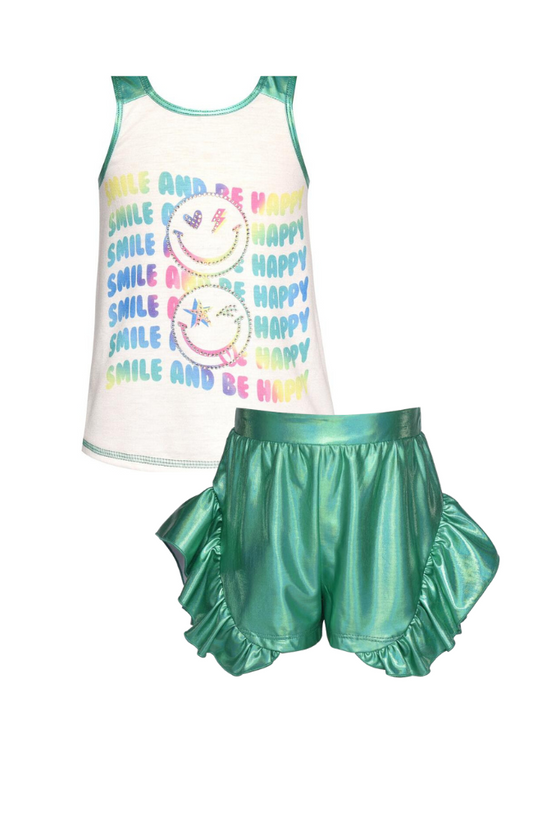 'Smile and Be Happy' Tank Top & Metallic Shorts with Ruffles