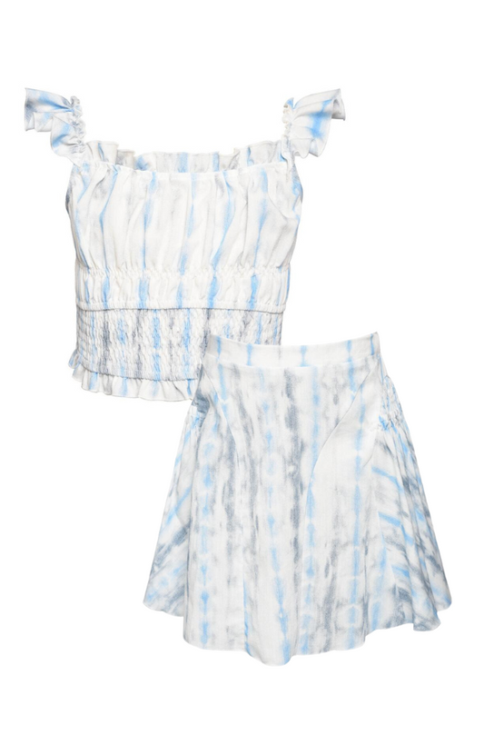 Tie Dye Crop Top with Shoulder Ruffles & Tie Dye Skater Skirt