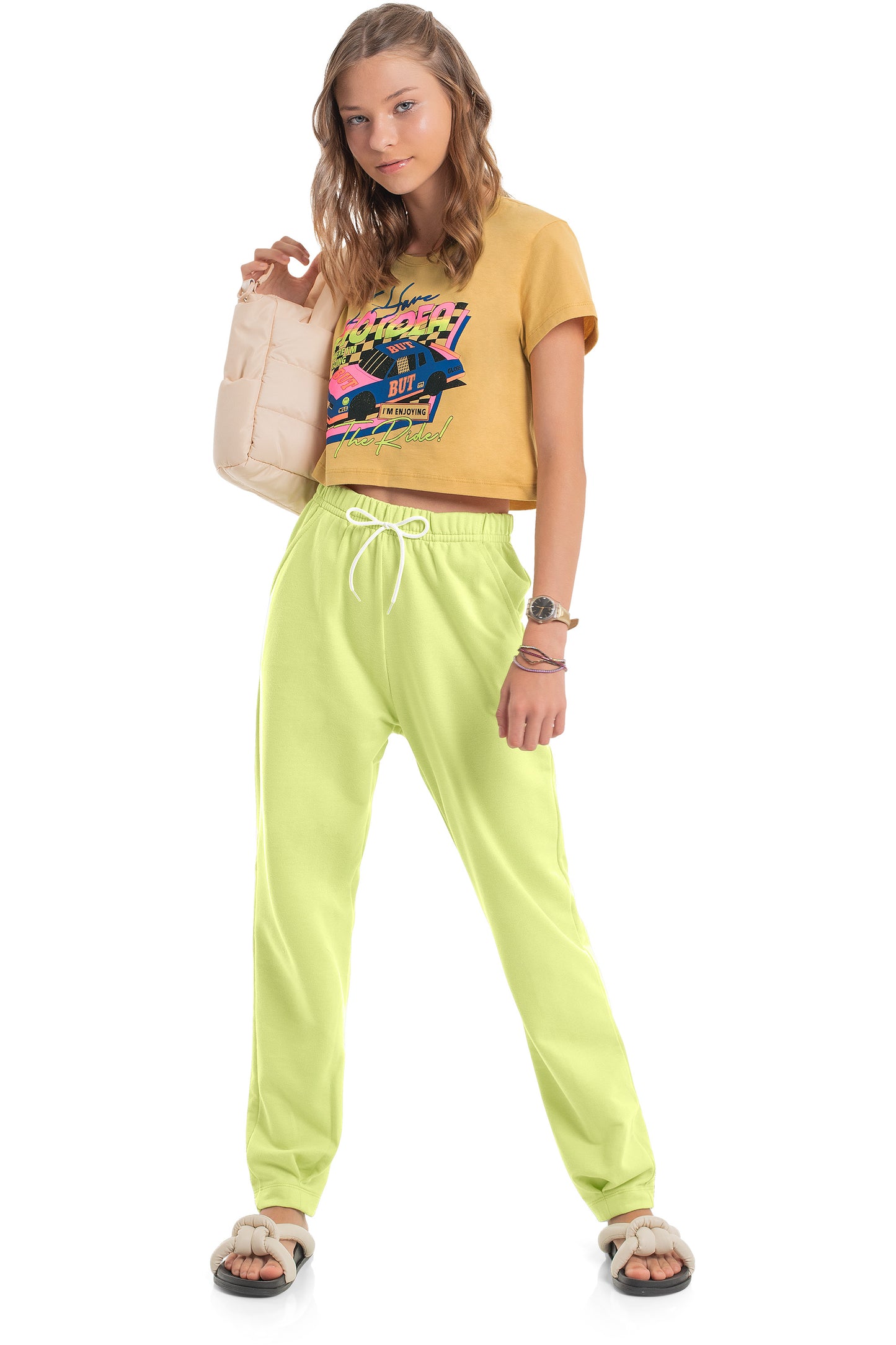Neon Green Single Off-Shoulder Tee & Sweatpants