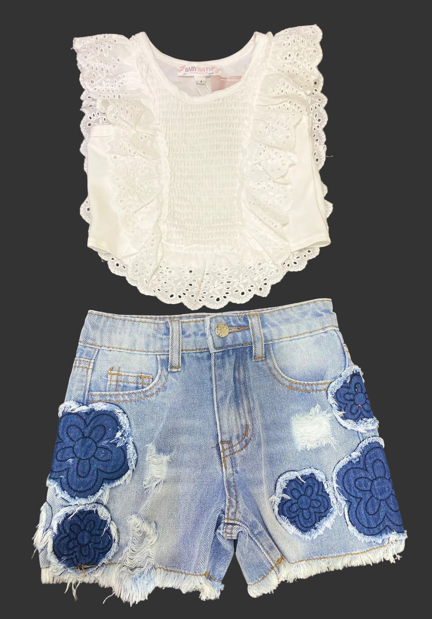 RUFFLE SMOKED TOP & DENIM SHORTS W/ FLOWER PATCH
