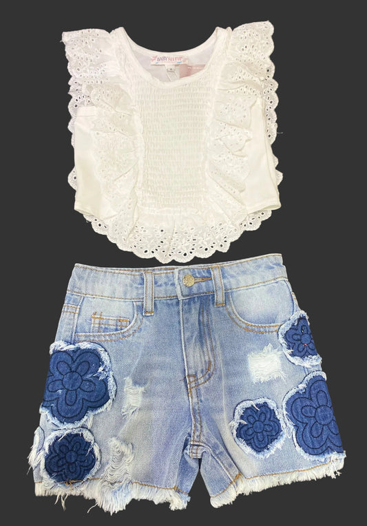 RUFFLE SMOKED TOP & DENIM SHORTS W/ FLOWER PATCH