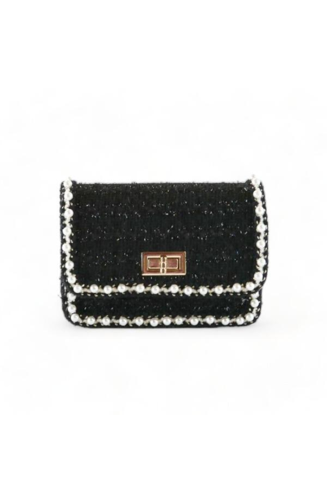 Pearl Trim Tweed Purse in Black