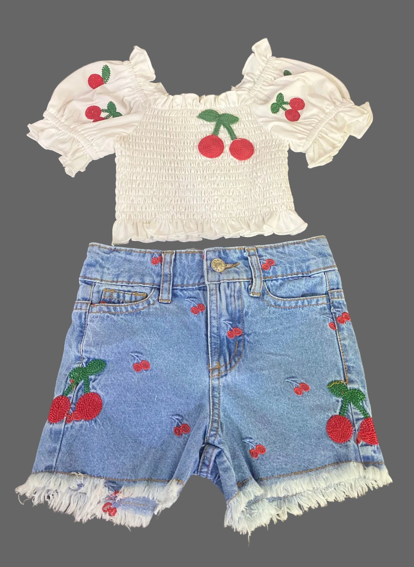 Crop top & Denim Shorts w/ Cherries embroidered