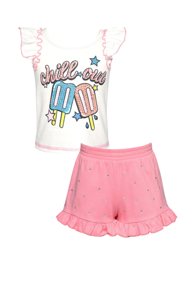 'Chill Out' Print Top & Ruffle Shorts with Rhinestones