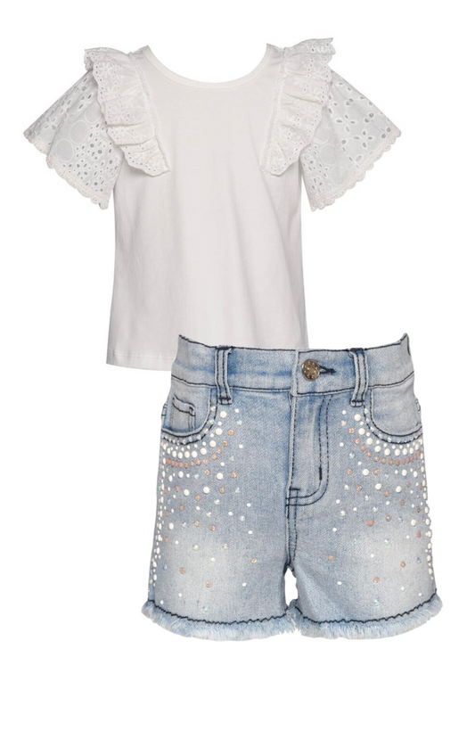 Ruffle Eyelet Sleeve Top & Denim Shorts with Rhinestones
