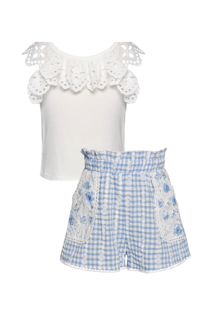 Ruffle Eyelet Top & Gingham Shorts