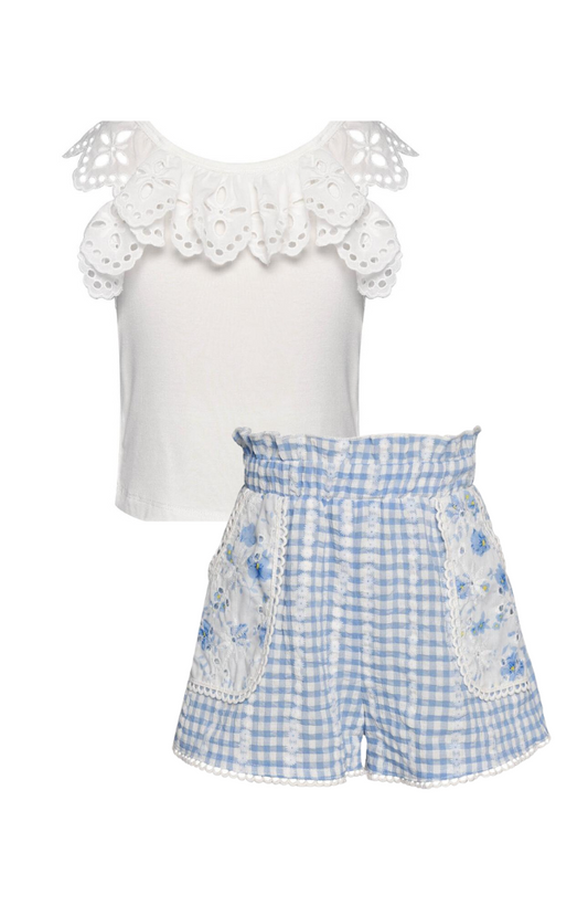 Ruffle Eyelet Top & Gingham Shorts