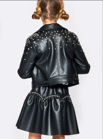 Rhinestones Leather Jacket & Skirt