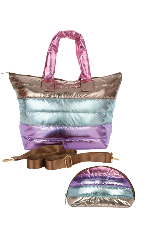 Icy Color Block Puffer Overnight Bag & Cosmetics Bag Set