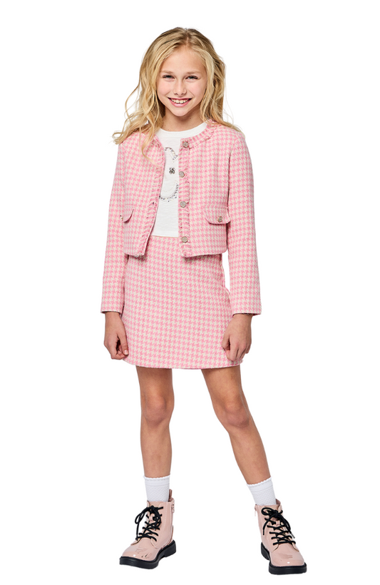Houndstooth Jacket with Rhinestone Buttons & Matching Mini Skirt