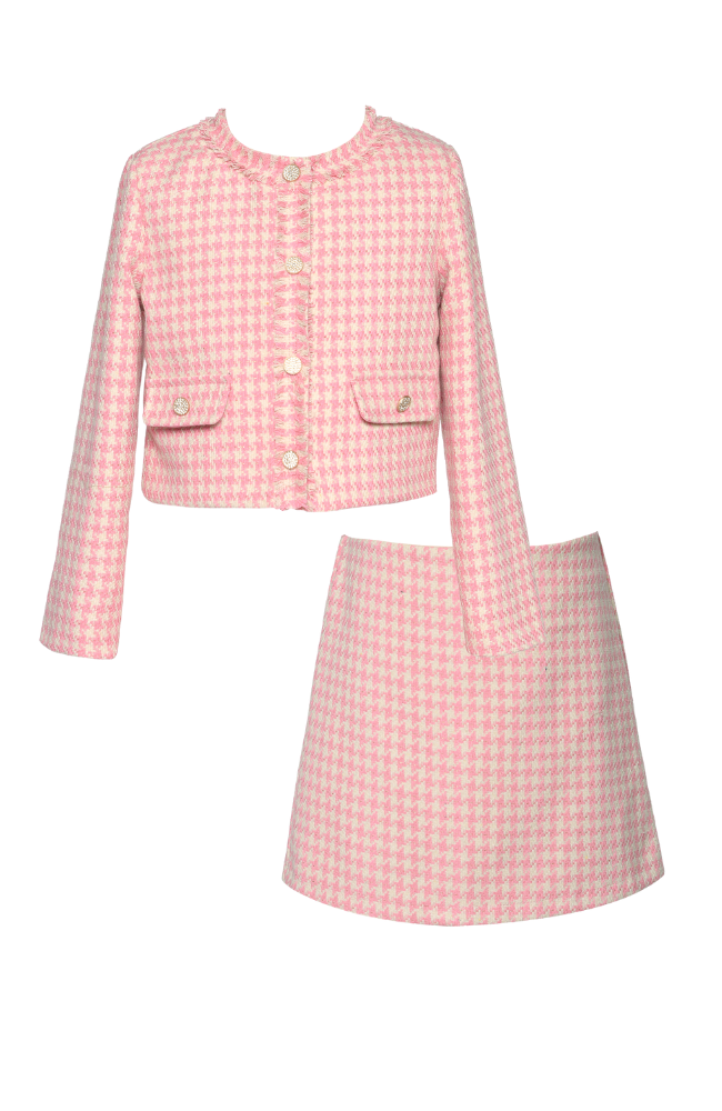Houndstooth Jacket with Rhinestone Buttons & Matching Mini Skirt