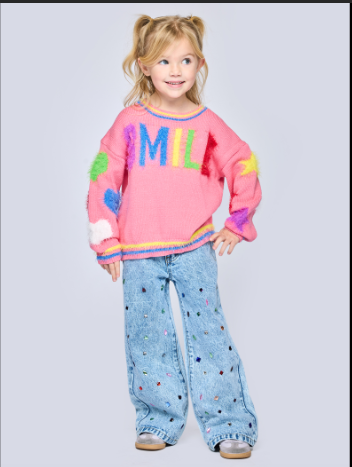 Smile Fuzzy Sweater & Denim pants w/ rhinestone