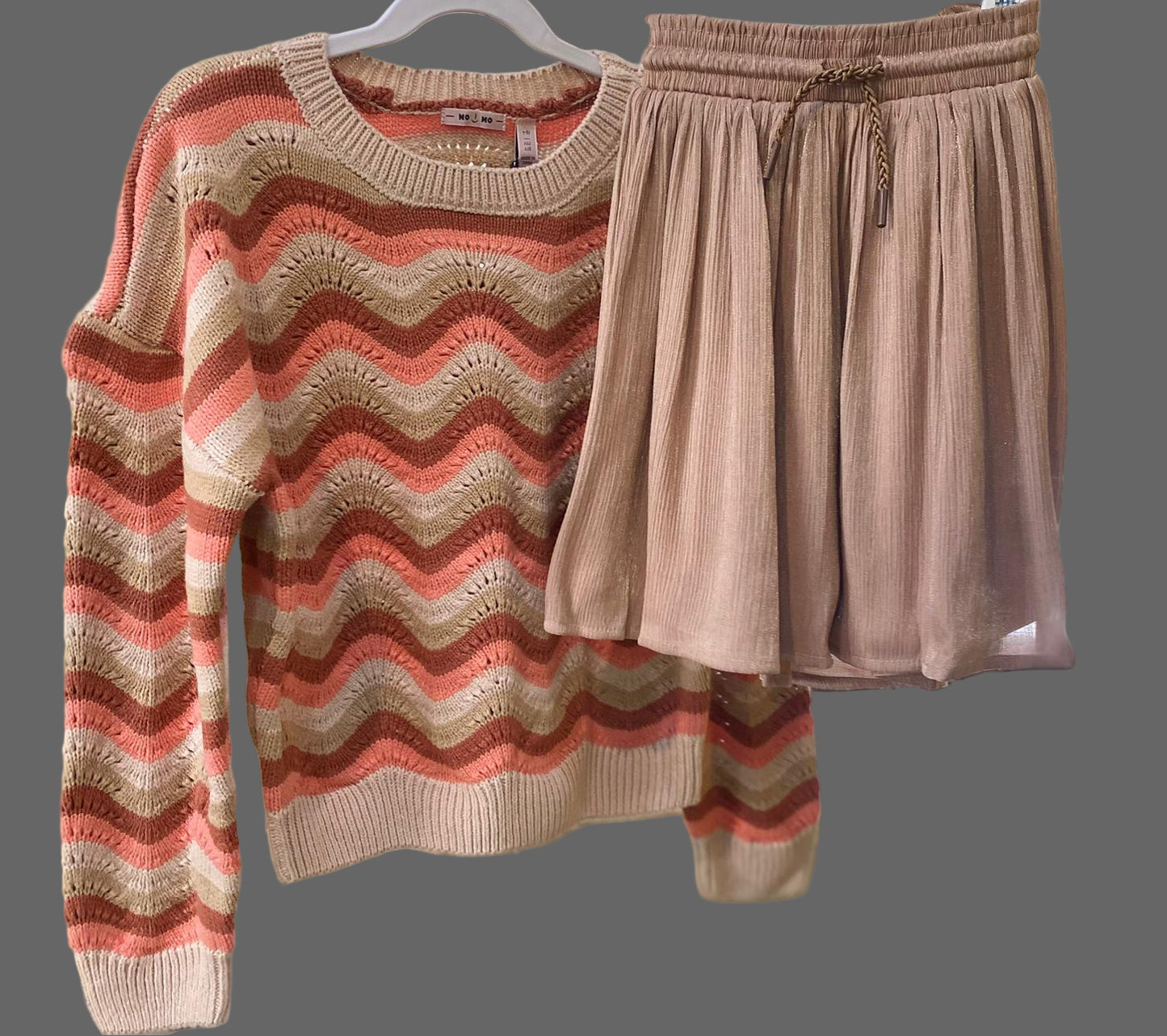 Wavy Pattern Knitted Sweater & Metallic Skirt