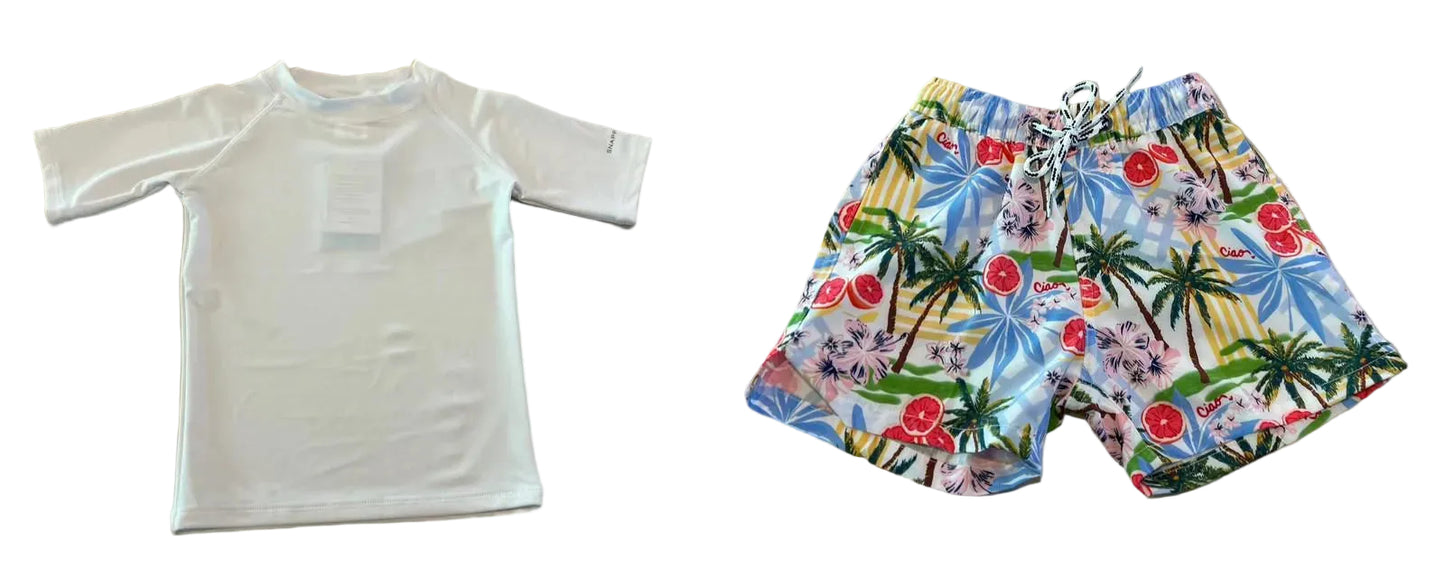 White SS Rash top & Ciao Paradiso Swim short