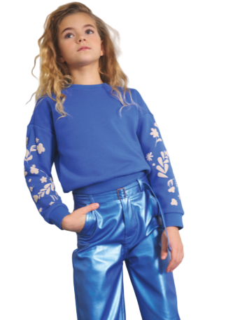 Sweater w/Sleeve print & Leather Wide pants