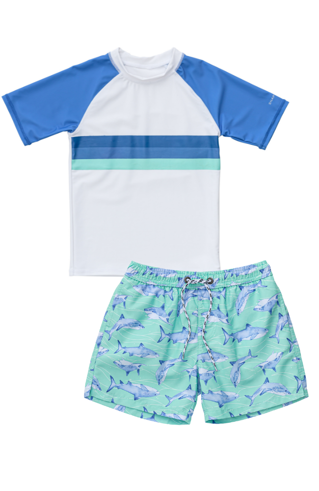 Minty Shark Shorts & Shark Stripe Rash Guard