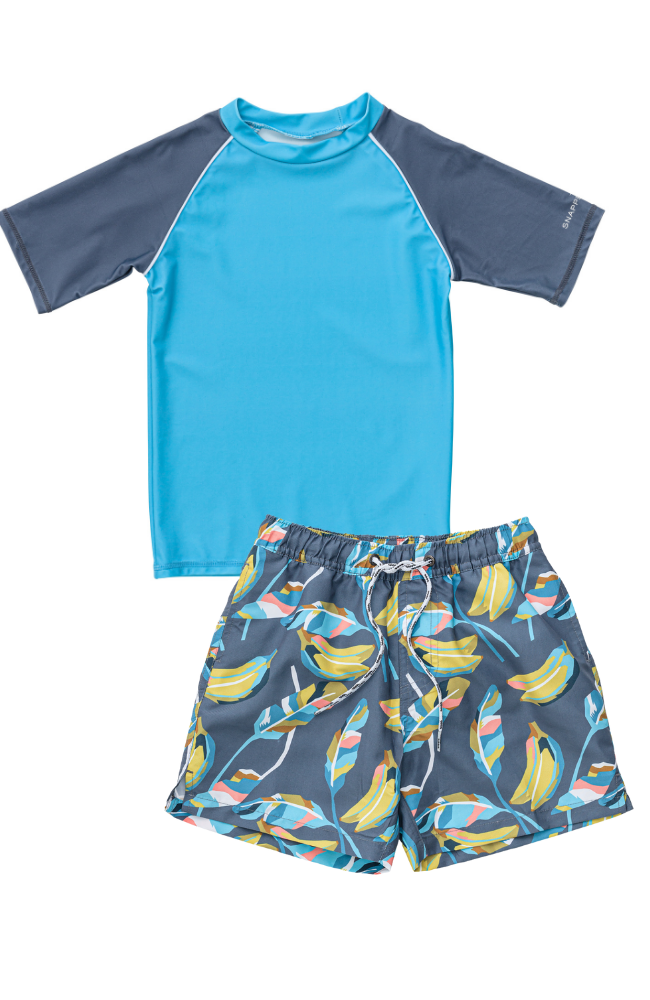 Going Bananas Board Shorts & Aqua Slate Rash Guard