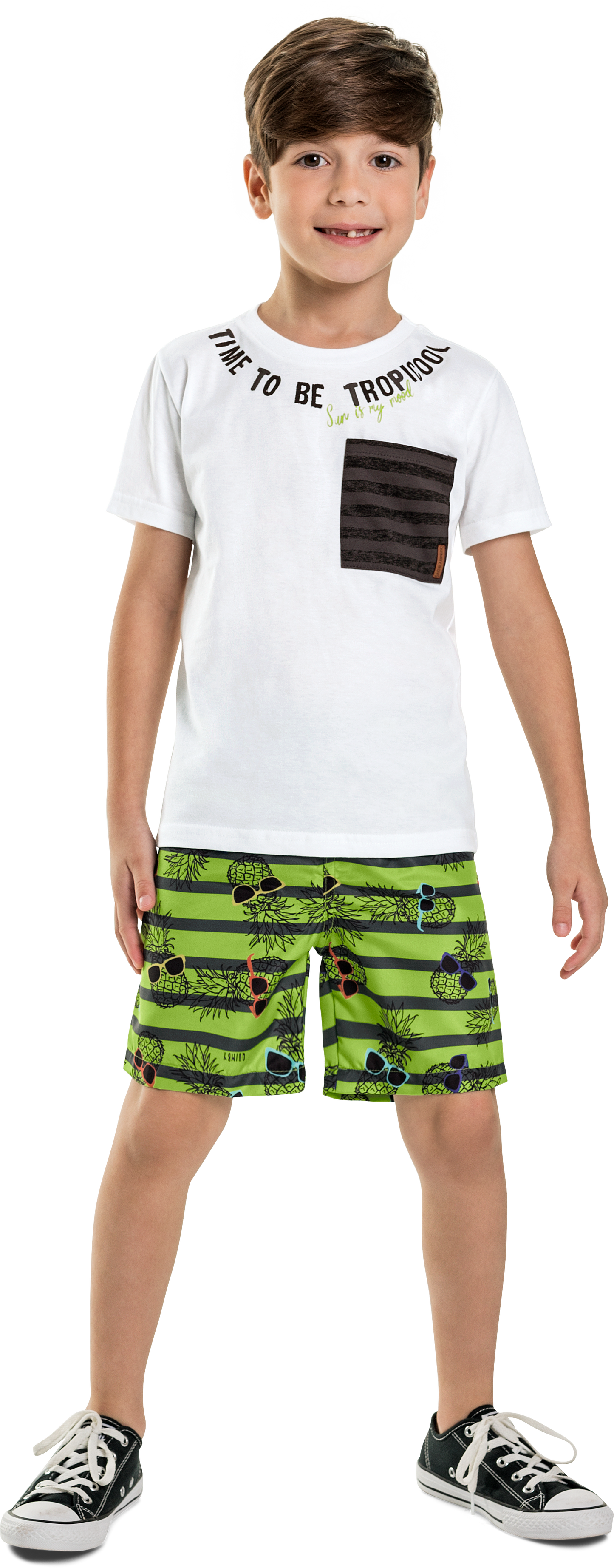 Striped Pocket Tee & Shaded Pineapple Swim Shorts