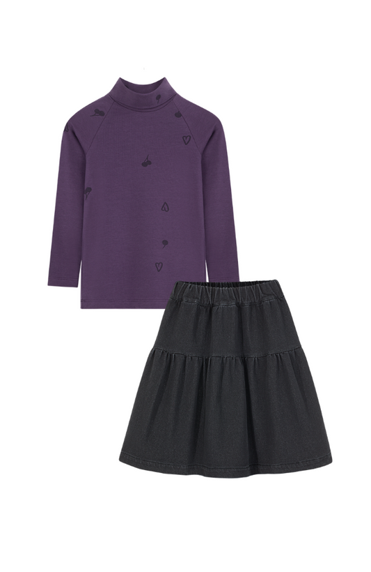 Berries Heart Roll Neck & Charcoal Denim Skirt