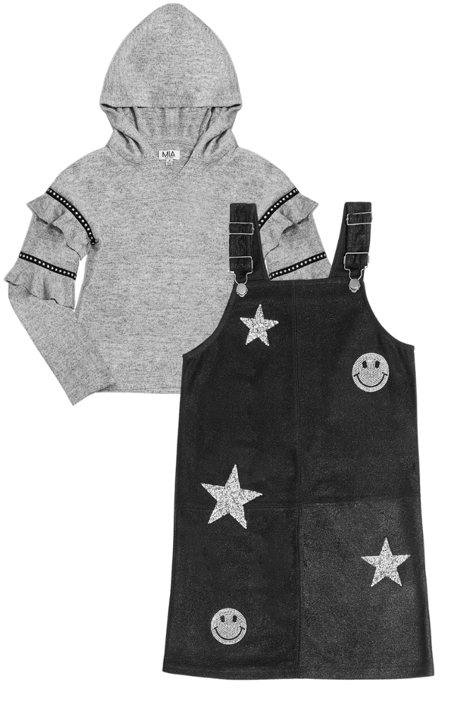Hooded Studded Sweater & Patch Overalls